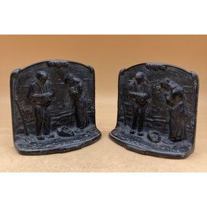 Folk Art Cast Iron Bookends Man & Woman Farming Praying for Harvest Time